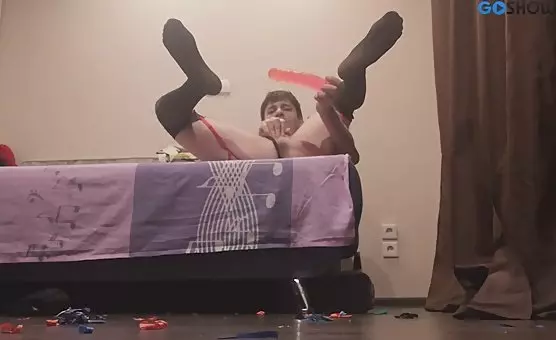 Crossdresser Masturbates with Dildo in Black Stockings